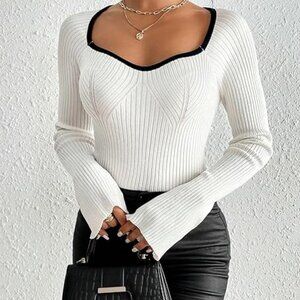 Y2K Ribbed Knit Sweetheart Sweater Top – Trendy Cozy Aesthetic Medium White ✨